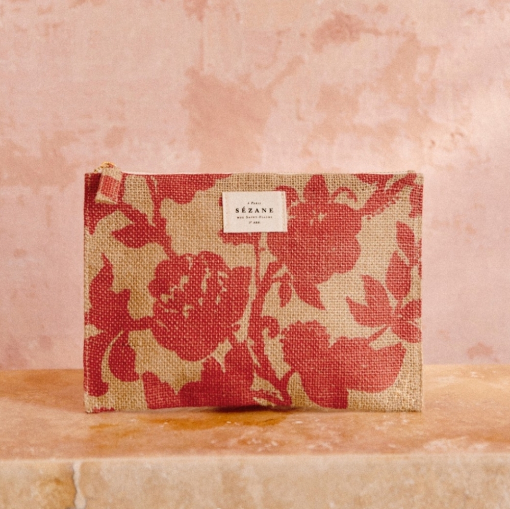 Sezane Large Flat Red Floral Cosmetic Bag